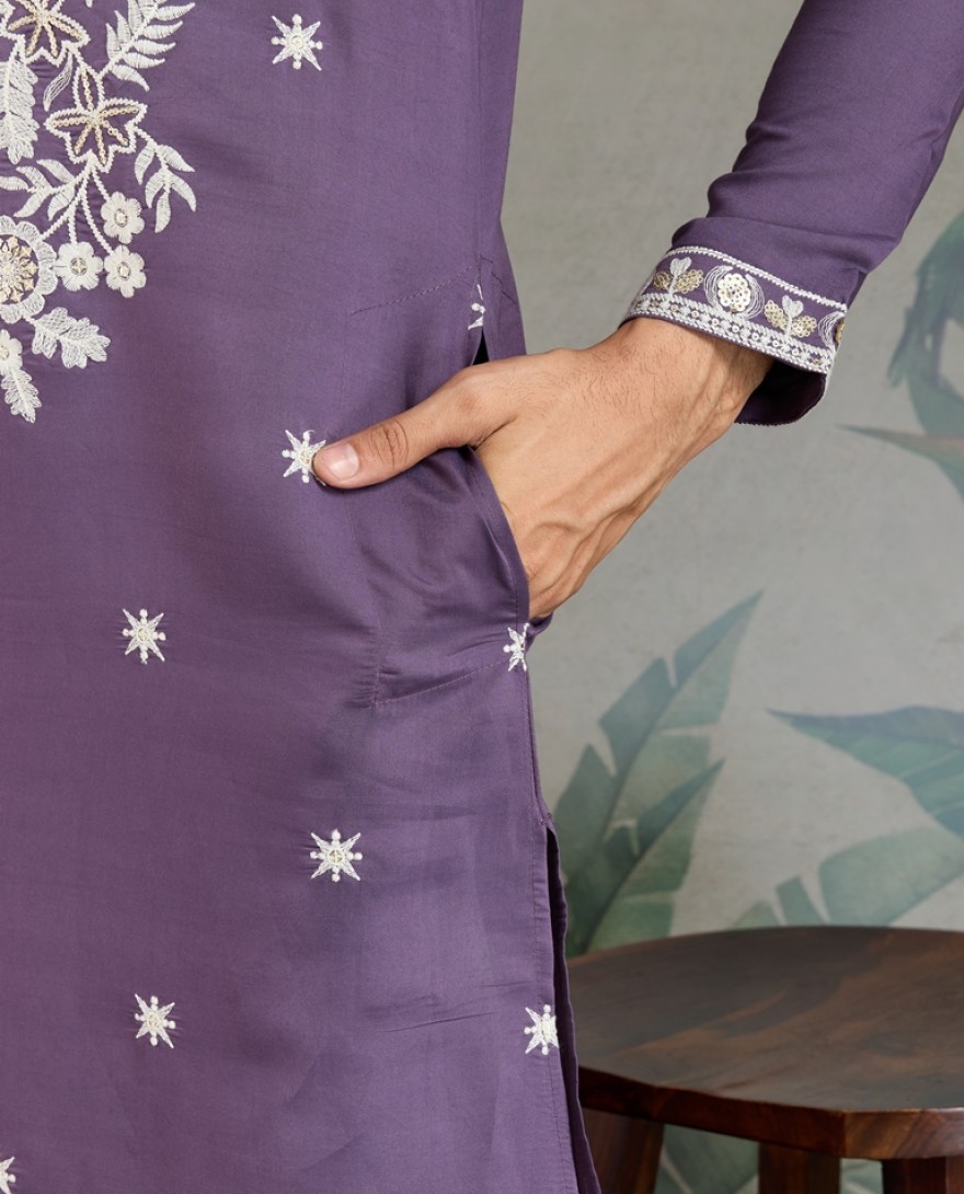 61321-purple - Purple Thread & Sequence Hand Embroidered Men’s Kurta Set
